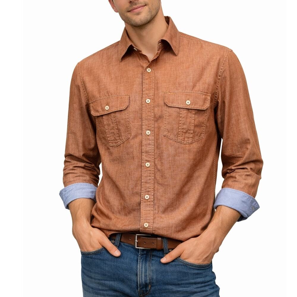 Tommy Bahama Jeans Shirt Flip cuff Double pocket Men M Caramel Orange Vintage